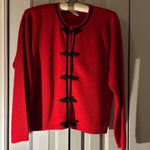 Talbots Red Wool Cardigan w Frog closures, Velvet Trim, sz M